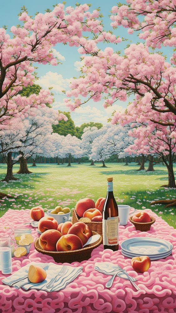 Illustration of a cherry blossom picnic landscape painting outdoors.