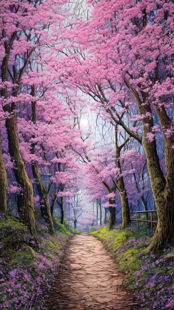 Illustration of a cherry blossom path land landscape outdoors.