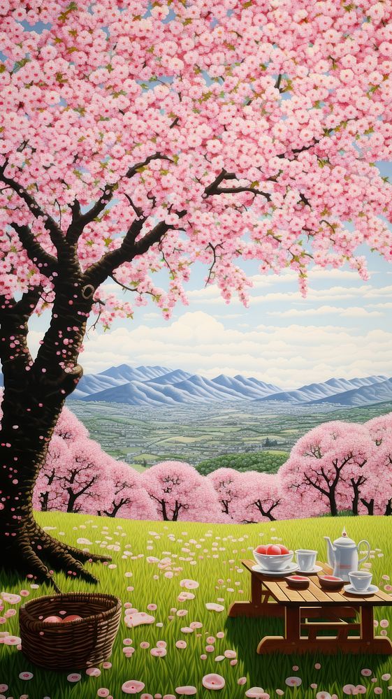 Illustration of a cherry blossom picnic landscape outdoors nature.