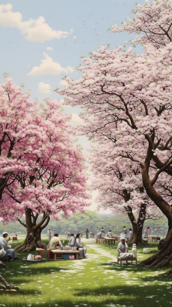 Illustration of a cherry blossom picnic landscape outdoors nature.