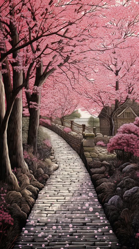 Illustration of a cherry blossom path outdoors nature flower.