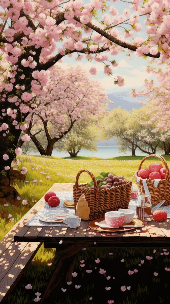 Illustration of a cherry blossom picnic flower plant table.