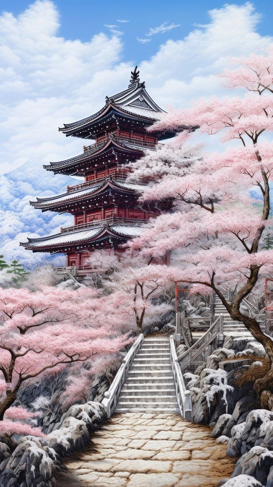 Illustration of a cherry blossom view point architecture building pagoda.
