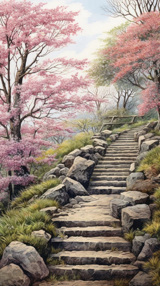 Illustration of a cherry blossom view point landscape outdoors walkway.