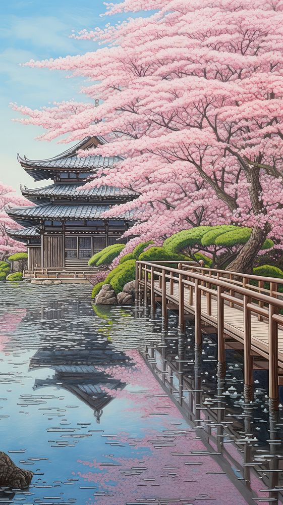 Illustration of a cherry blossom view point architecture building flower.