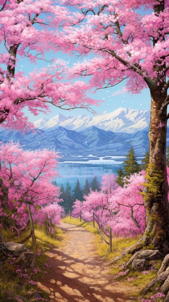 Illustration of a cherry blossom view point landscape painting outdoors.