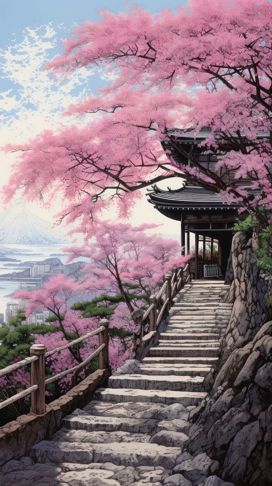 Illustration of a cherry blossom view point architecture landscape building.