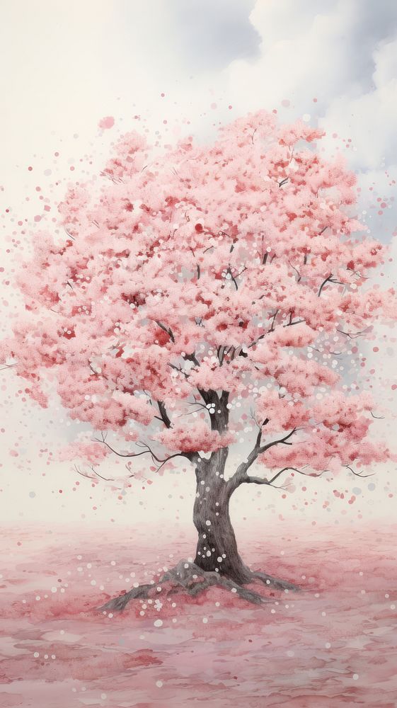 Illustration of a cherry blossom outdoors painting flower.