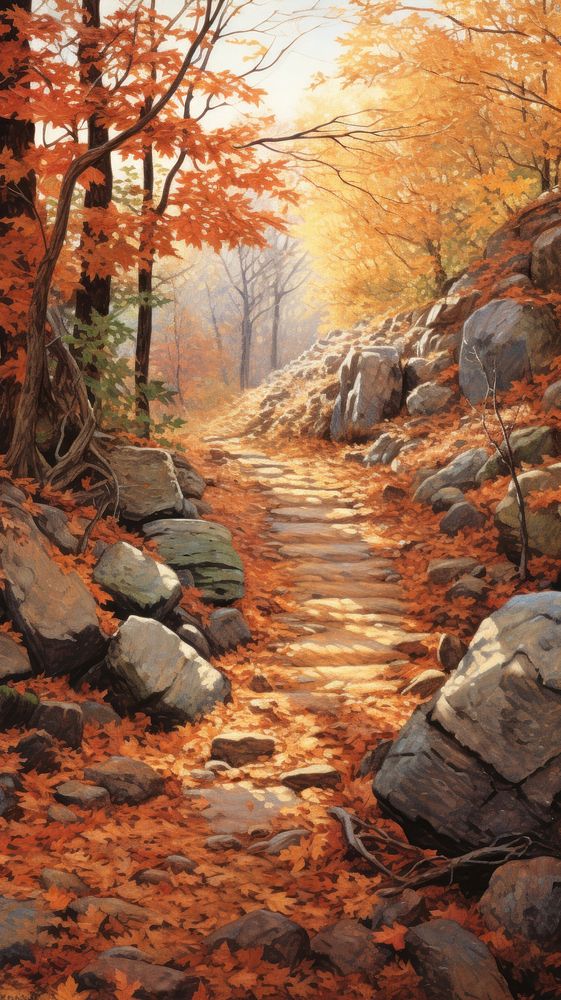 Illustration of a autumn leaves with rock path landscape outdoors woodland.