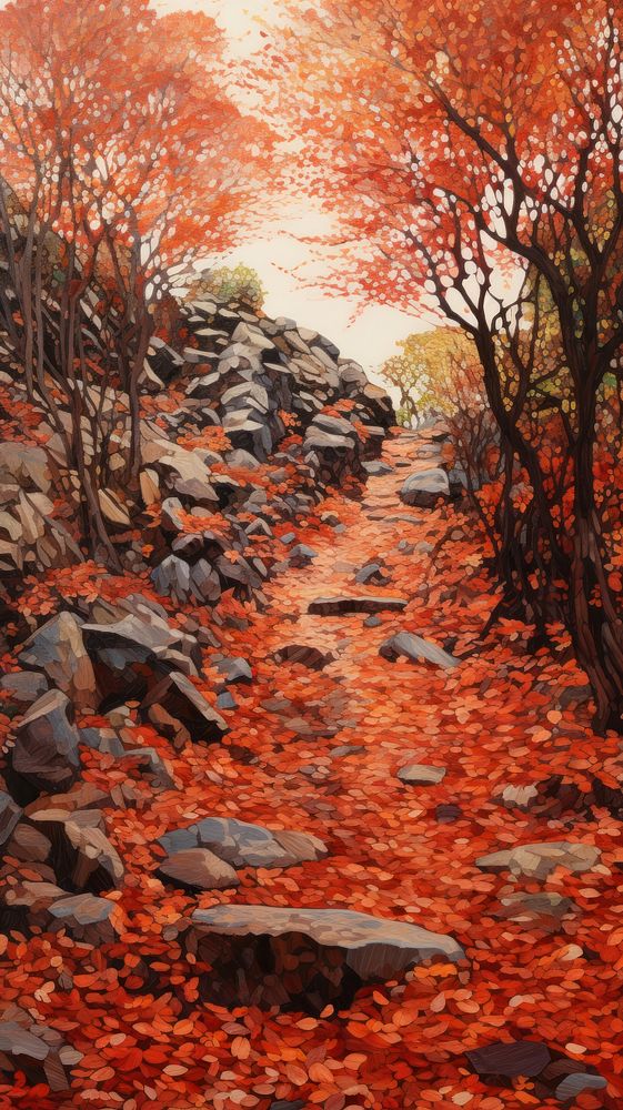 Illustration of a autumn leaves with rock path landscape painting plant.