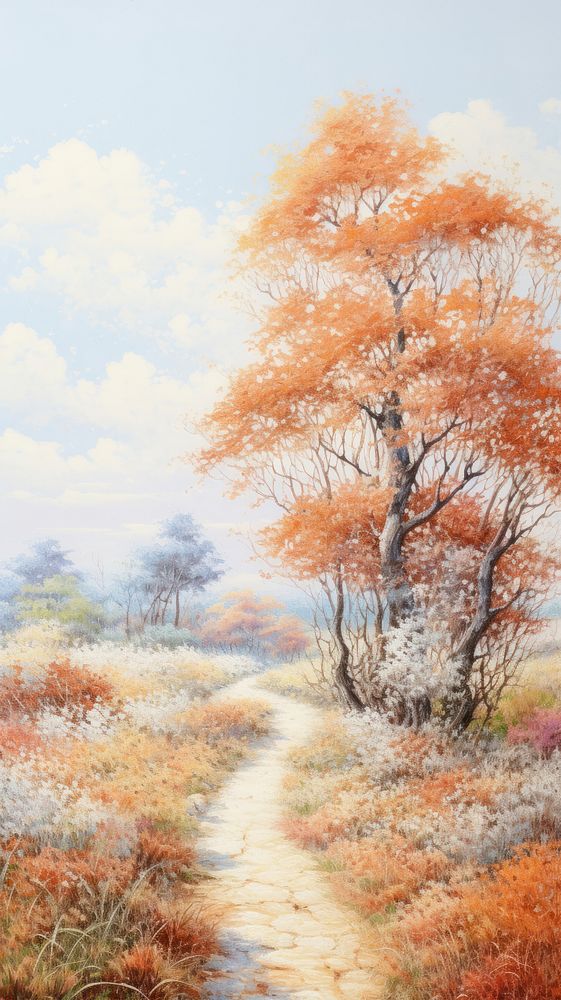 Illustration of a autumn leaves with path landscape painting outdoors.