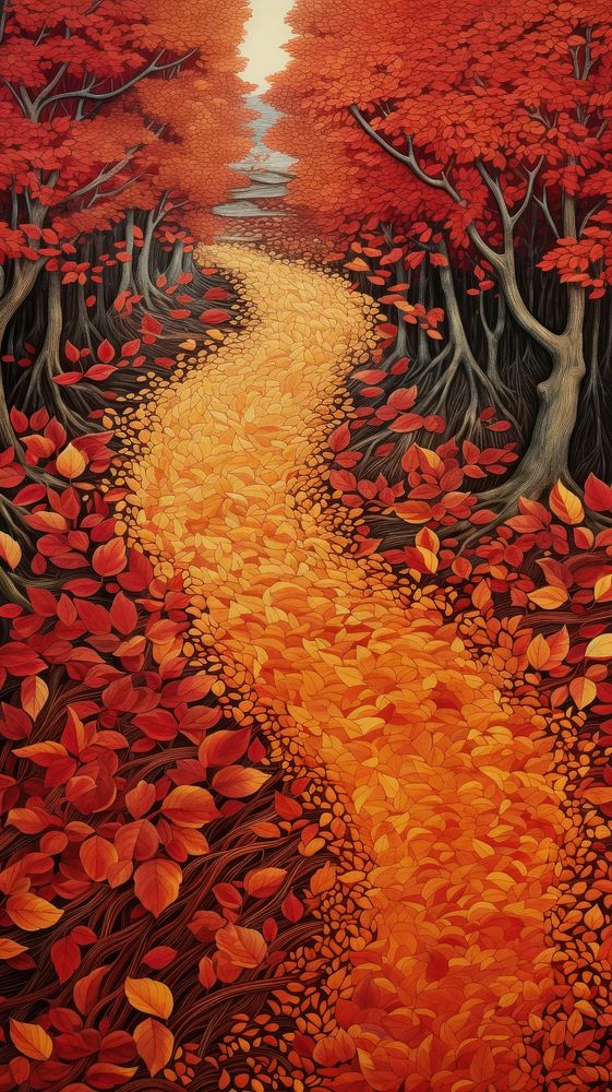 Illustration of a autumn leaves with path painting landscape outdoors.