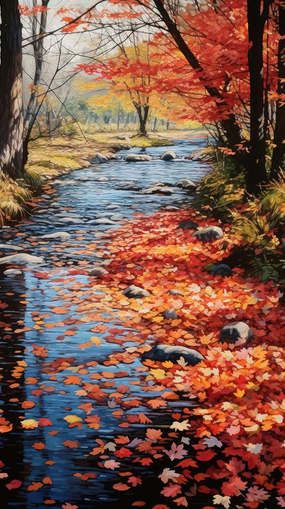 Illustration of a autumn leaves with river landscape outdoors painting.