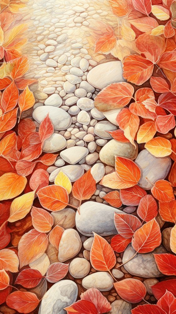 Illustration of a autumn leaves with stone path pebble plant leaf.