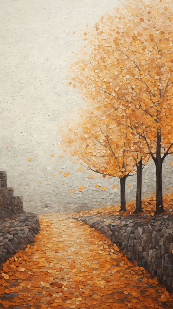 Illustration of a autumn leaves with rock path painting landscape art.