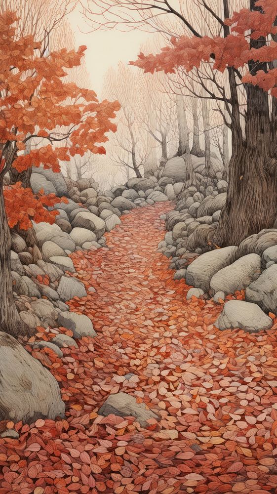 Illustration of a autumn leaves with rock path landscape outdoors painting.
