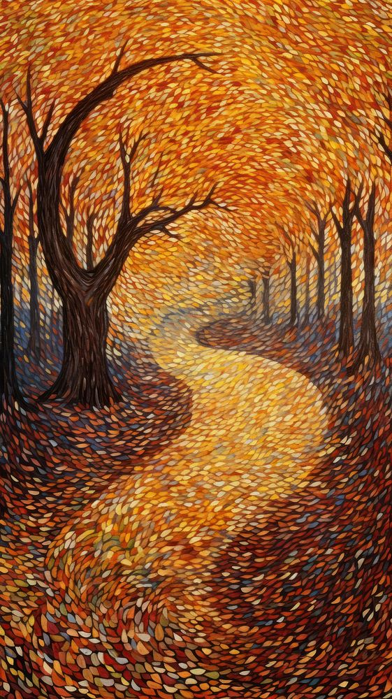 Illustration of a autumn leaves with stone path painting landscape outdoors.