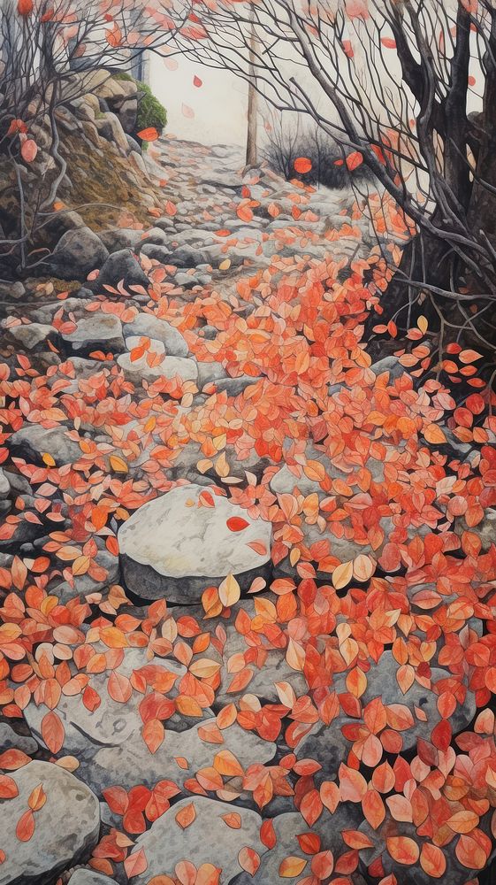 Illustration of a autumn leaves with path outdoors painting nature.