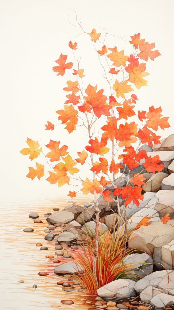 Illustration of a autumn leaves with river painting plant maple.