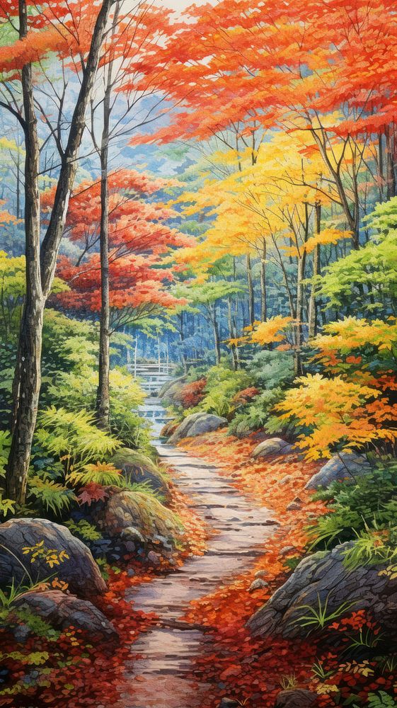 Illustration of a autumn leaves in japan landscape outdoors woodland.