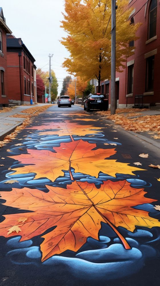 Illustration of a autumn leaves on the street sidewalk painting asphalt.