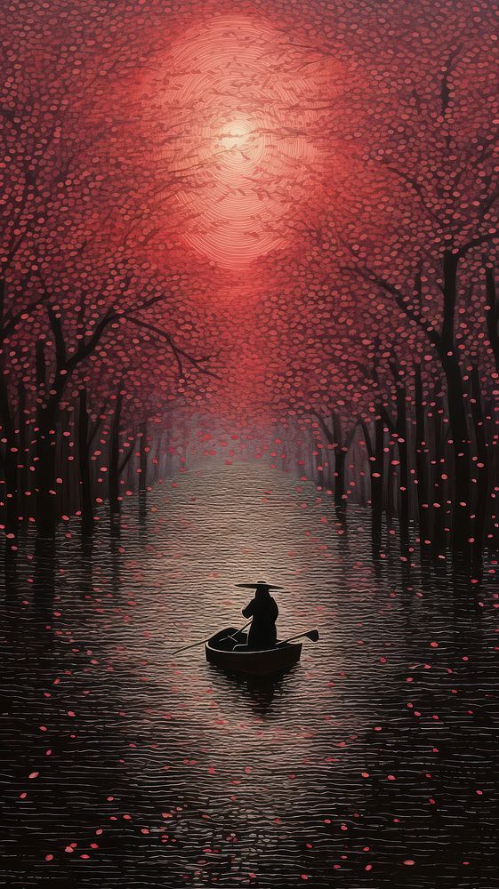 Illustration of a boat in the canal in japan outdoors nature canoe.