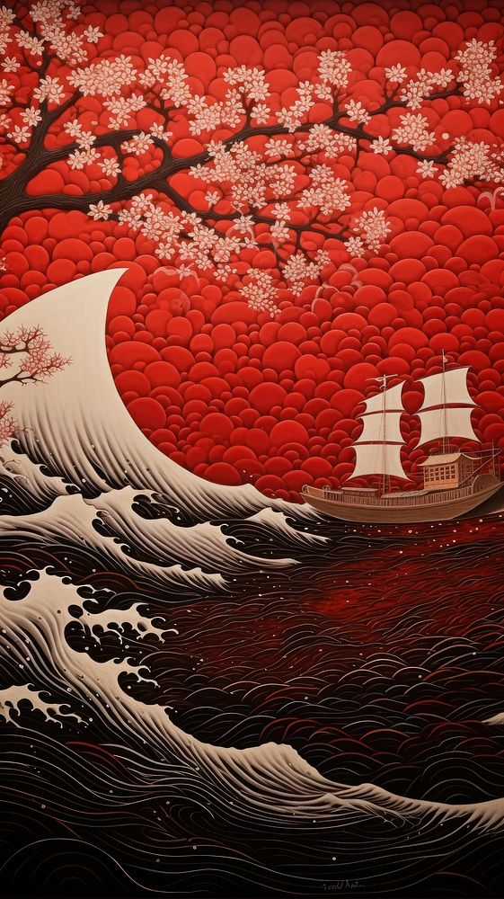 Illustration of a boat in the sea in japan painting art transportation.