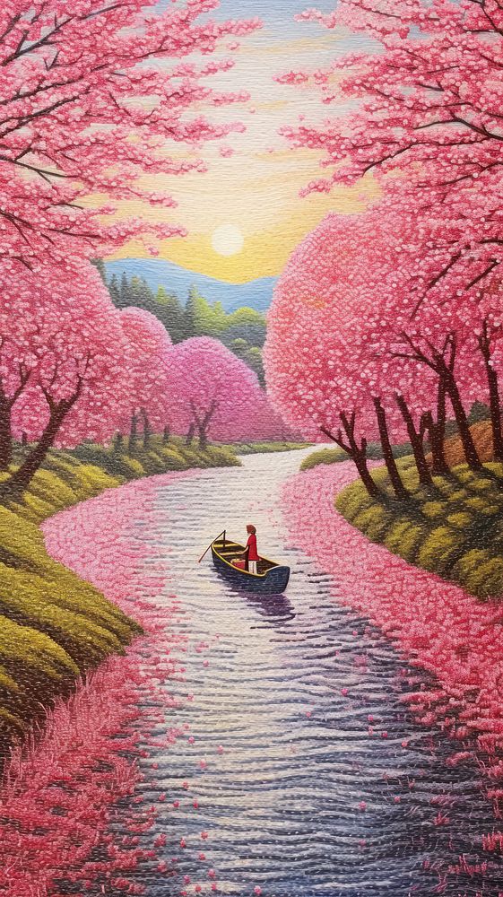 Illustration of a boat in the river in japan landscape outdoors painting.