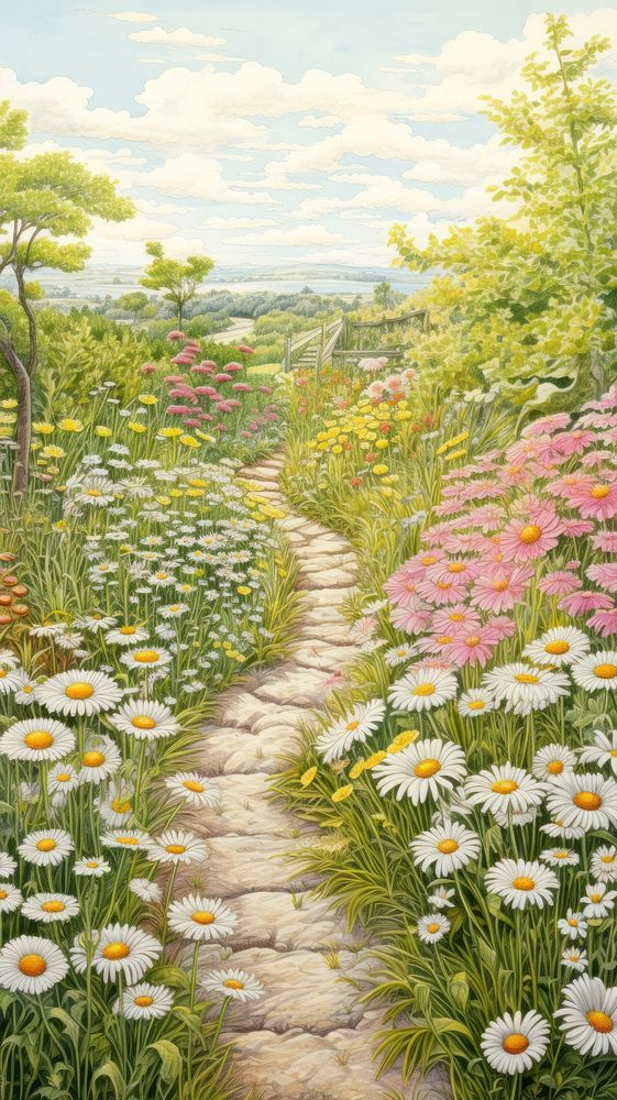 Illustration of a daisy garden with path landscape outdoors painting.