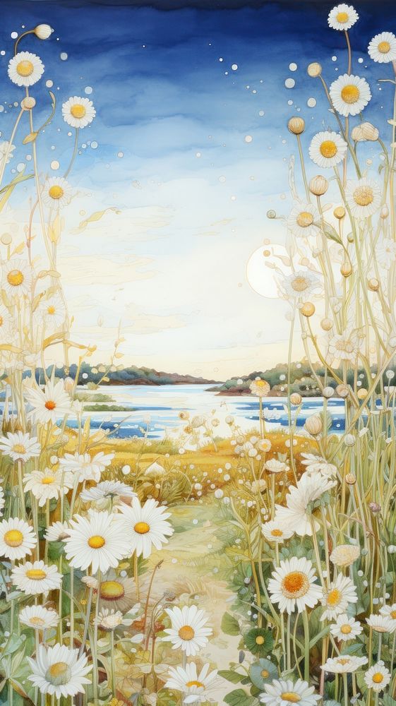Illustration of a daisy meadow painting landscape outdoors.