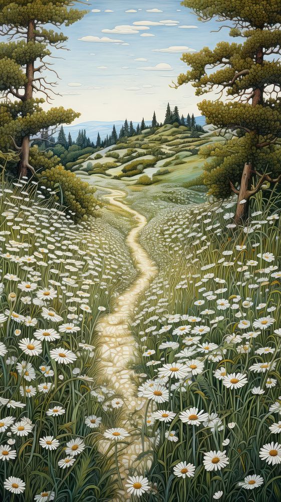Illustration of a daisy meadow with path landscape outdoors woodland.