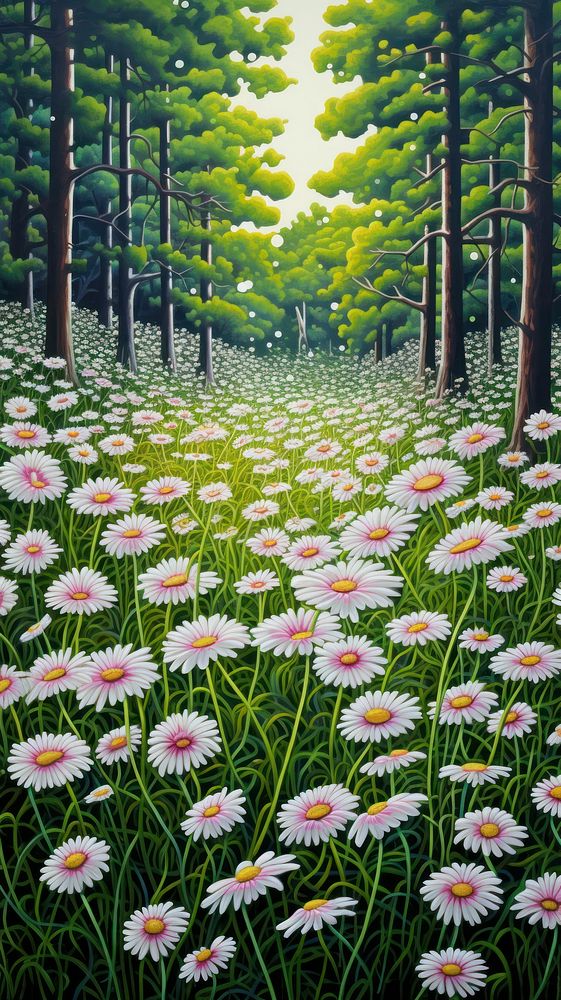 Illustration of a daisys in central park landscape outdoors woodland.