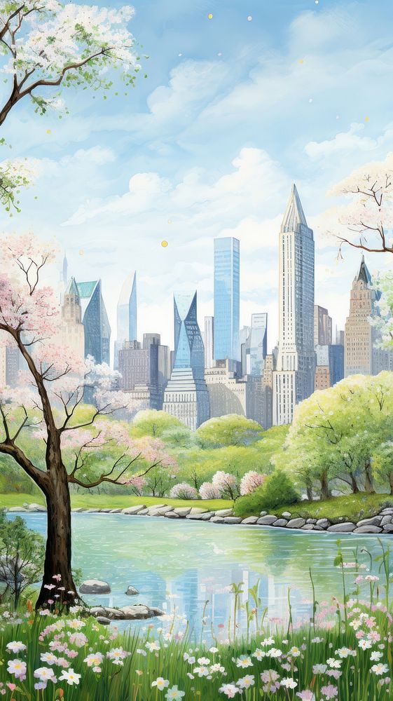Illustration of a daisys in central park landscape architecture cityscape.