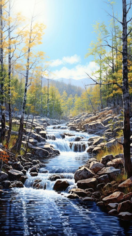 Illustration of a fall river landscape wilderness waterfall.
