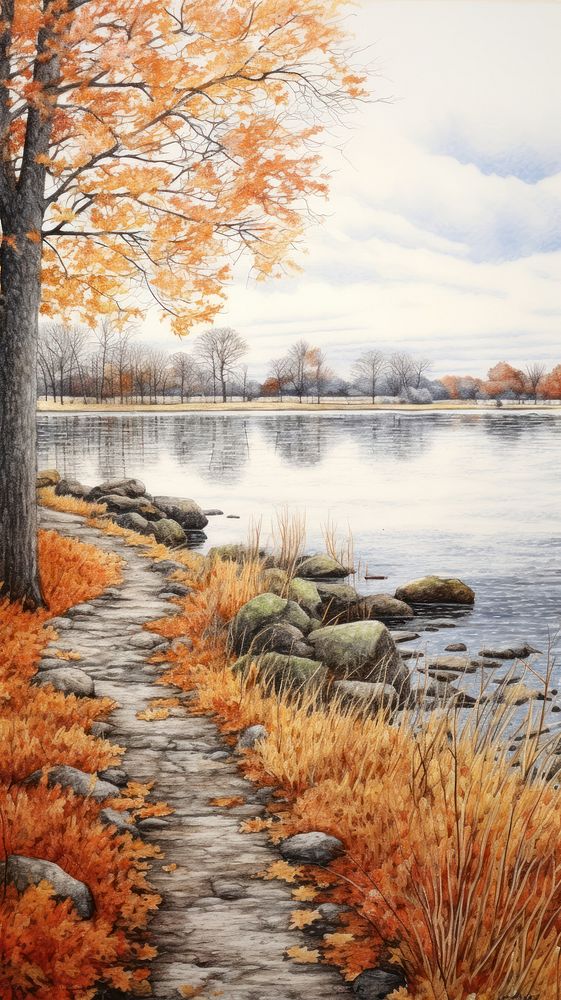 Illustration of a fall river landscape outdoors painting.