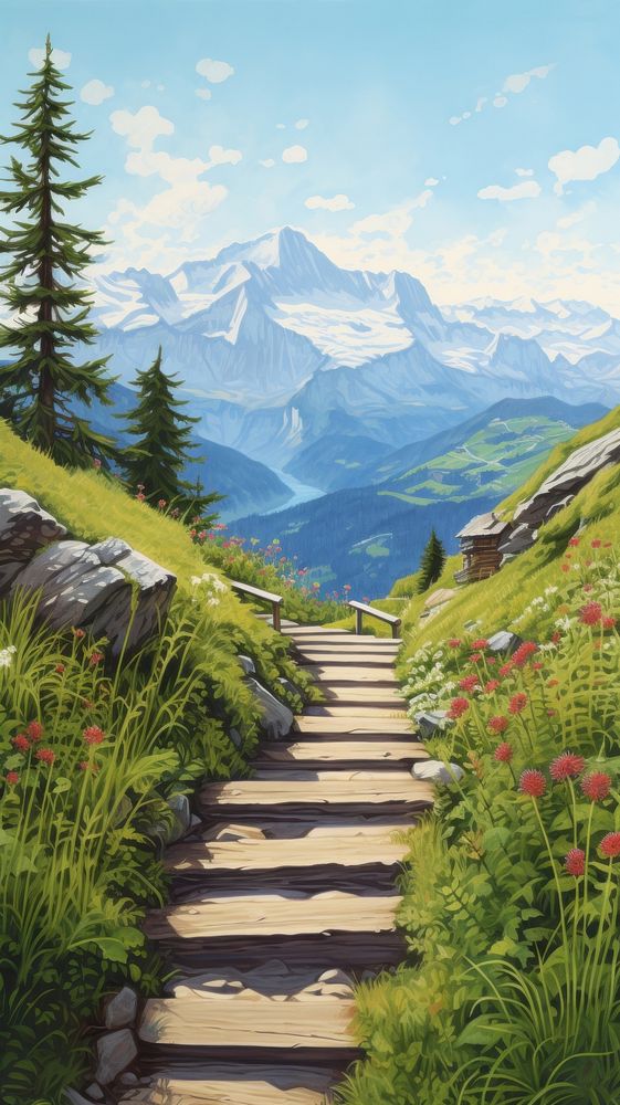 Illustration of a famous view point in switzerland landscape wilderness mountain.