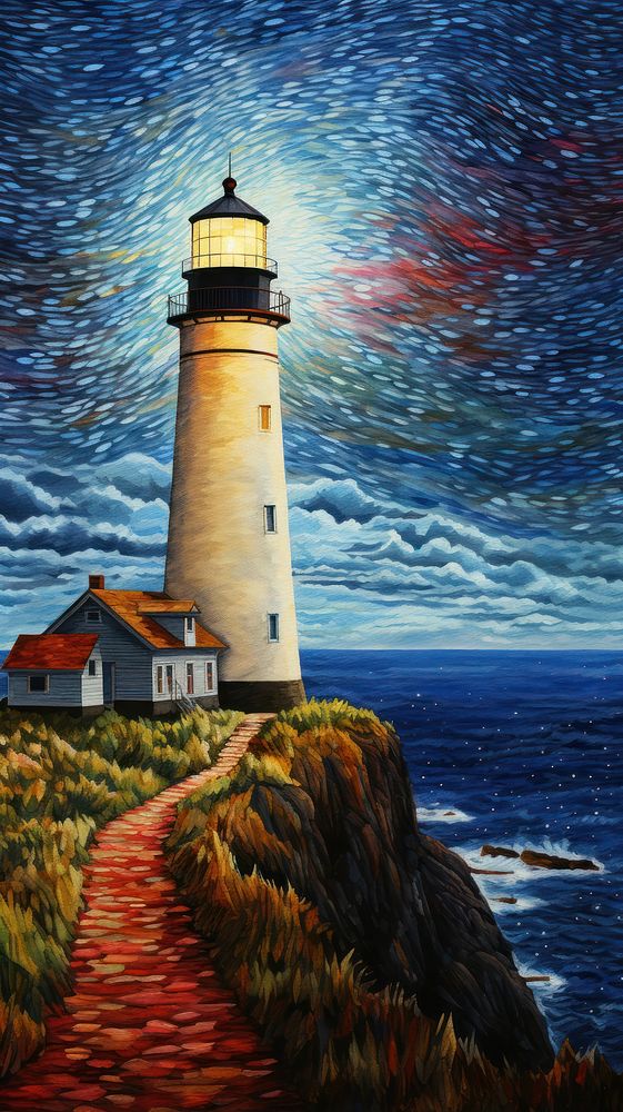 Illustration of a famous view point in Portland painting architecture lighthouse.