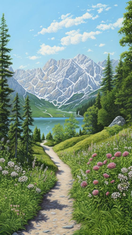 Illustration of a famous view point in Austria landscape painting wilderness.