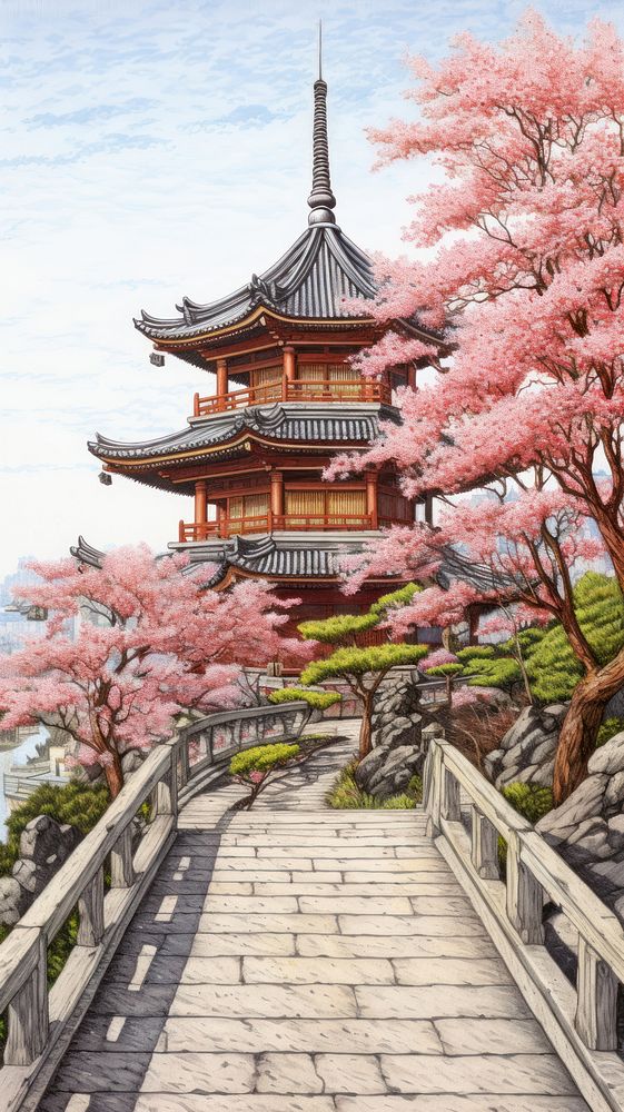 Illustration of a famous view point in China architecture building outdoors.