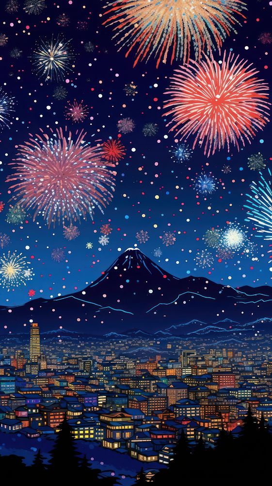 Illustration of a firework festive in japan fireworks architecture cityscape.