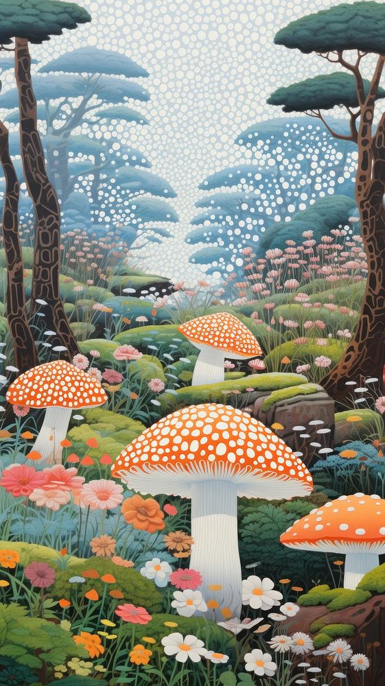 Illustration of a magic mushroom garden outdoors painting fungus.