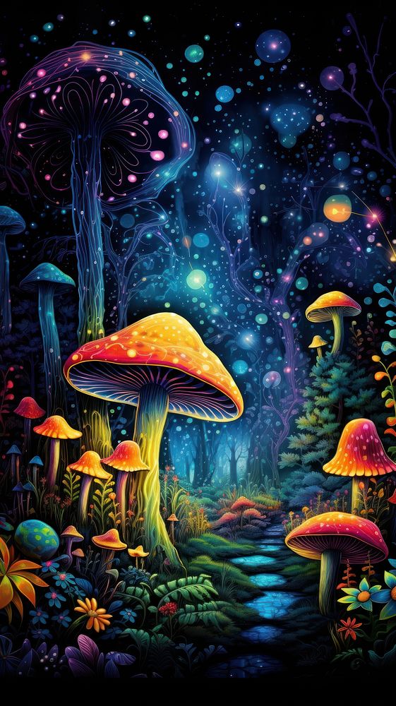 Illustration of a magic mushroom garden outdoors painting nature.