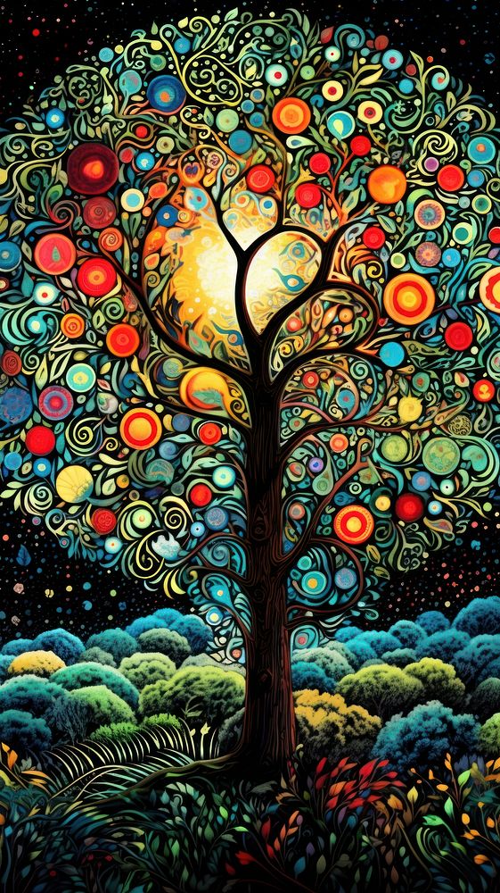 Illustration of a magic psychedelic apple tree garden painting art backgrounds.