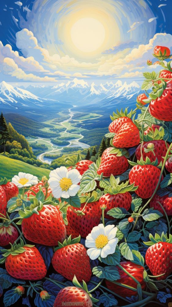 Illustration of a magic psychedelic mushroom garden landscape painting strawberry.