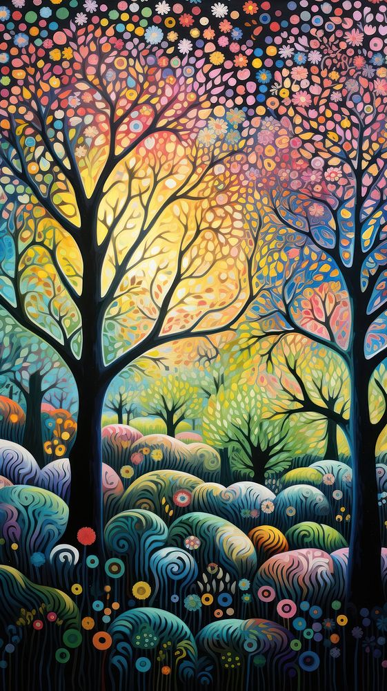 Illustration of a magic psychedelic apple tree garden painting landscape outdoors.