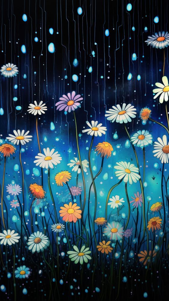 Illustration of a magic psychedelic daisy garden outdoors painting flower.