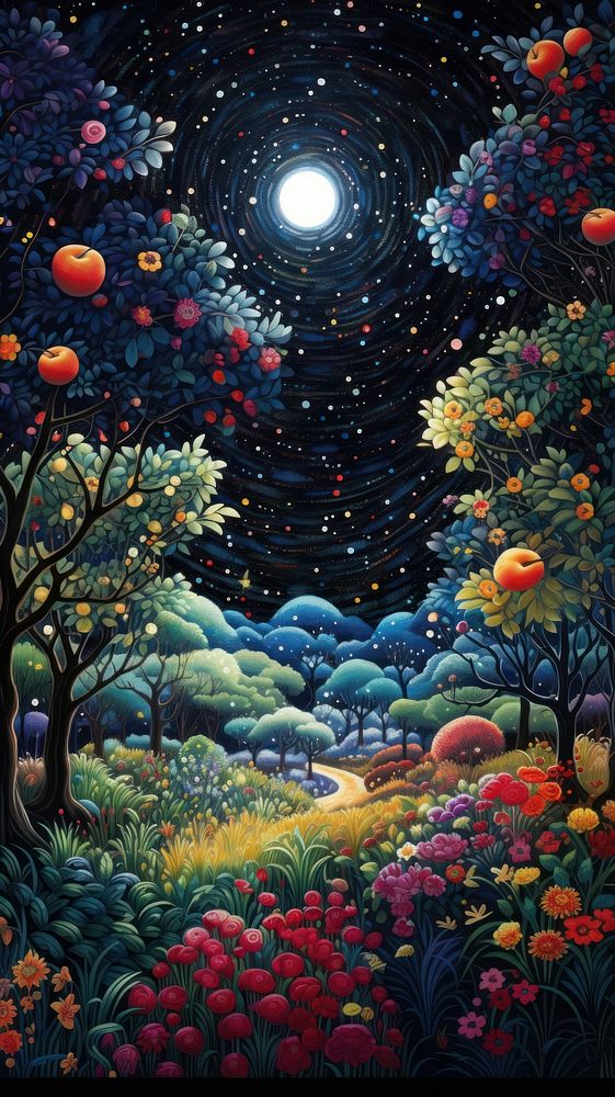 Illustration of a magic psychedelic apple garden painting landscape outdoors.