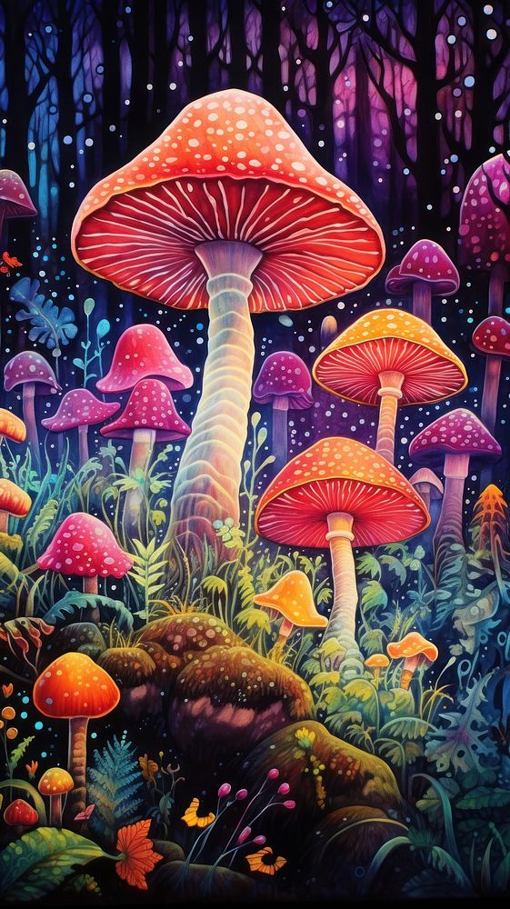 Illustration of a magic psychedelic mushroom garden fungus agaric plant.
