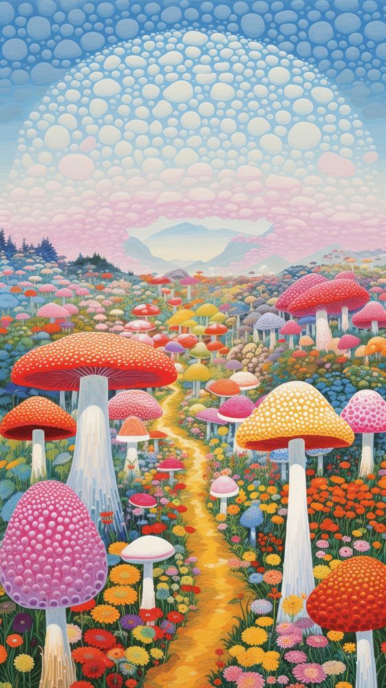 Illustration of a magic psychedelic mushroom garden painting landscape outdoors.