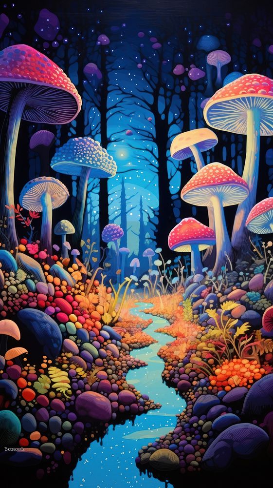 Illustration of a magic psychedelic mushroom garden outdoors nature fungus.